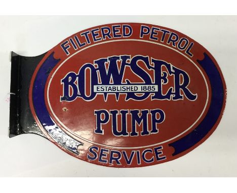 An oval "Bowser Filtered Petrol Pump Service" double-sided metal and enamel sign. Approx. 55 cms across. 