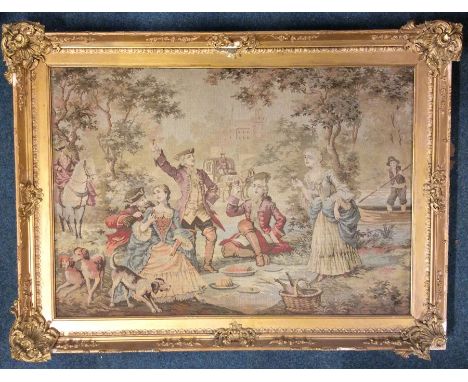 A large gilt framed tapestry. Approx. 62 cms x 89 cms. Est. £30 - £40.