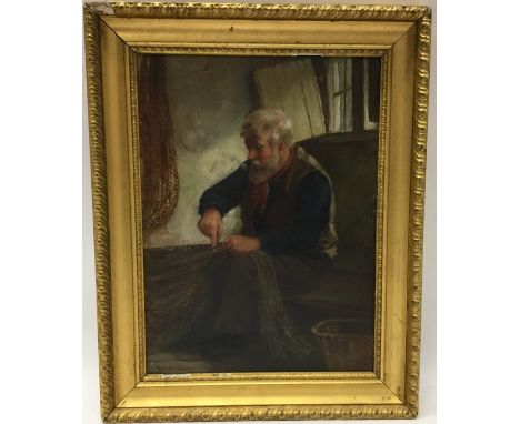 DAVID W HADDON (fl. 1884 - 1914): "Mending Nets". A gilt framed oil on board depicting an old man with pipe and white beard m