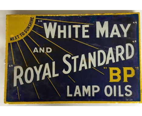 A rectangular "White May and Royal Standard BP Lamp Oils" double-sided metal and enamel sign. Approx. 46 cms x 30 cms.