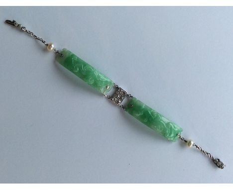 An unusual good quality carved jade, diamond and pearl bracelet decorated with animals to concealed clasp. Approx. 12 grams. 