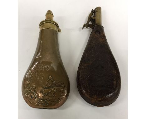 A copper shot flask together with a leather example. Est. £25 - £35.