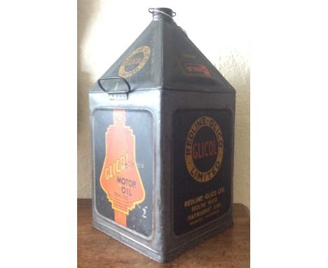 A large "Redline-Glico Limited Motor Oil" can in cuboid form. (1).