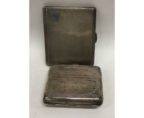 A heavy silver engine turned cigarette box together with one other. Approx. 268 grams. Est. £80 - £120.