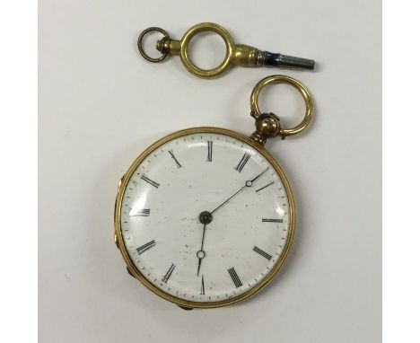 A good Swiss 18 carat fob watch with engine turned decoration and white enamel dial. Approx. 34 grams. Est. £200 - 3300.