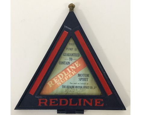 A triangular metal and glass double-sided "Redline Super Motor Spirit" sign. Approx. 22 cms across. 