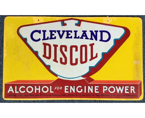 A large rectangular "Cleveland Discol Alcohol For Engine Power" double-sided metal and enamel sign. Approx. 76 cms x 46 cms.