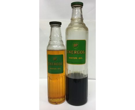 Two "BP Energol Motor Oil" glass bottles in differing sizes (2).