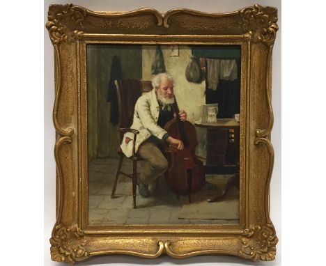 DAVID W HADDON (fl. 1884 - 1914): "The Cellist". A gilt framed oil on board depicting an old man with white beard playing his