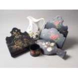 A Portmeirion "Botanic Garden" pattern baluster jug and four pieces of papier-mache