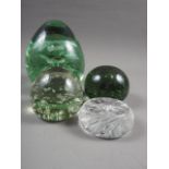 A 19th century glass door stop, two bubble glass paperweights and a cut glass paperweight