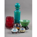 A Mdina Art glass decanter and stopper, 11 1/4" high overall, a Whitefriars style red coloured glass
