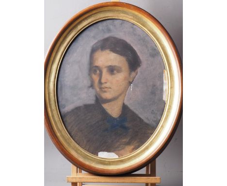 Continental School: pastels, portrait of an unknown woman, 19" x 15", in oval gilt frame, and F Young: oil on canvas laid boa