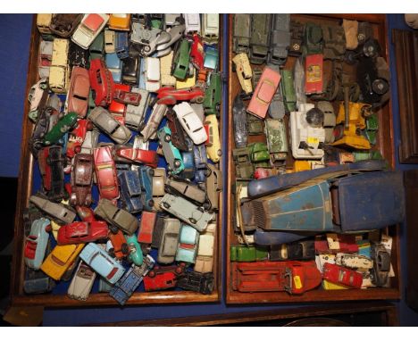 A quantity of die-cast model vehicles, including Corgi and Dinky racing cars, military vehicles, service vehicles, a tin-plat