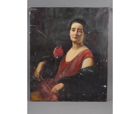 An early 20th century oil on canvas portrait of a woman (damages), 24" x 20", and a number of other pictures 