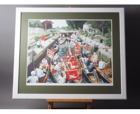 W P Mundy: a limited edition print, swan upping, 13/450, in white painted strip frame, a print of Henley-on-Thames, and a sim