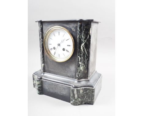 A French late 19th century black slate and marble mantel clock with white enamel dial and Roman numerals, 10 1/2" high 