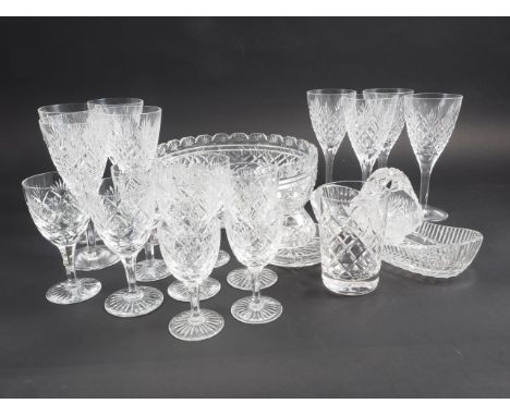 A set of eight cut glass wines, six ports, a cut glass bowl and other glass 