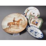 A pair of Minton wall hanging plates, decorated figures by a harbour, 12 1/2" high, a Willow pattern