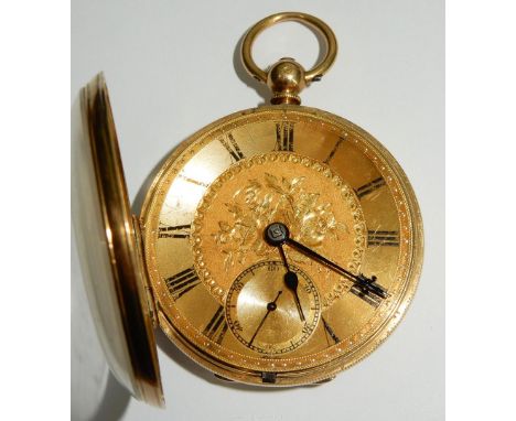 An 18ct gold gentleman's pocket watch marked for 1870?  with engine turned decoration on the back and a beautifully engraved 
