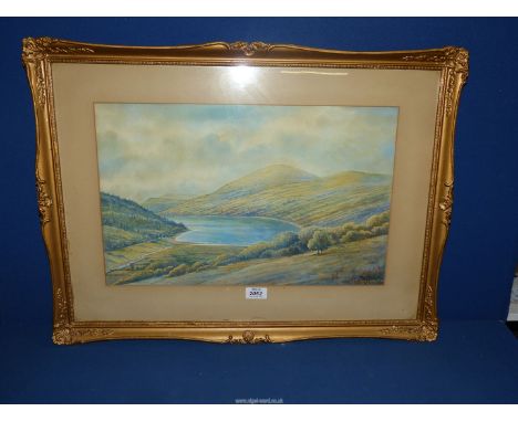 An ornate framed and mounted Watercolour depicting a country landscape with lake and rolling hills in the distance, signed lo