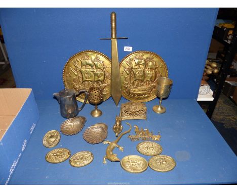 A small quantity of brass to include a lizard, Art Nouveau letter rack, steam engine rally plaques, etc.