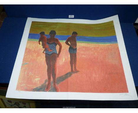 A lithograph of a couple on the beach signed in pencil, 75/400, 26 1/2" x 23".