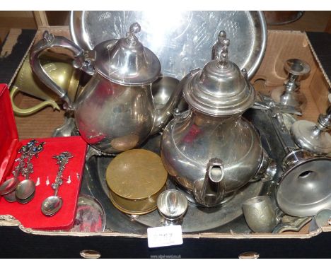 A quantity of silver plate to include: a religious altar crucifix, a metal five piece tea service, trays, egg cups and two se
