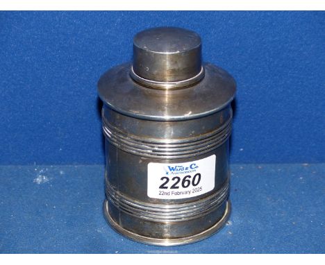 A cylindrical Silver tea Caddy, London 1914, makers mark rubbed, 4 1/2" tall, 113 gms.