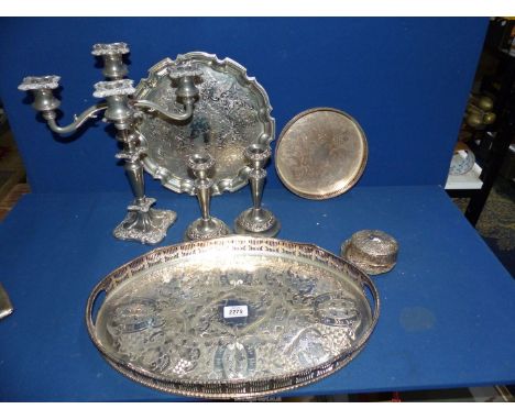 A quantity of silver plate to include: Viners "Chased" galleried tray, four branch candelabra, etc.