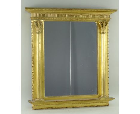 19TH CENTURY GILT GESSO TABERNACLE MIRROR, fluted frieze above Corinthian column flanking the plate, 60 x 56cms