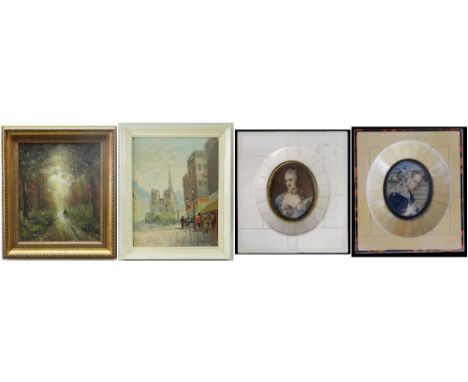 ASSORTED PICTURES, including two Italian antique-style portrait miniatures, and two Continental acrylics of landscapes (4)