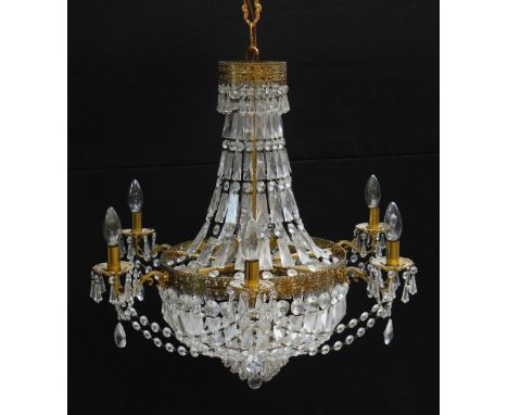 19TH CENTURY STYLE SIX-LIGHT TENT &amp; BAG CUT GLASS CHANDELIER, 70cms high x 70cms diameter, some drops lacking, chain leng