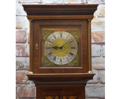 MODERN QUEEN ANNE-STYLE MARQUETRY LONGCASE CLOCK, engraved dial with brass spandrels, floral inlaid door with circular window