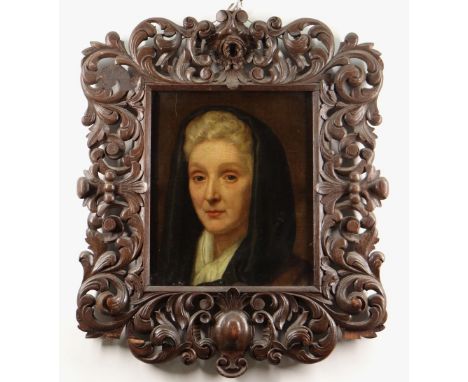 19TH CENTURY SCHOOL oil on canvas - portrait of a lady in black cowl or hood, 35 x 28.5cms, in Italian rococo style carved fr