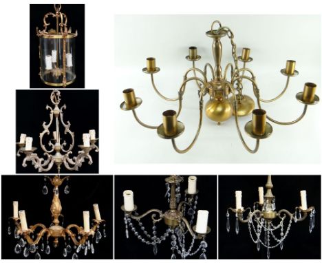ASSORTED GILT METAL LIGHTING, including a three-light hall lantern, 44cms high, French style five-branch ceiling light, 49ms 