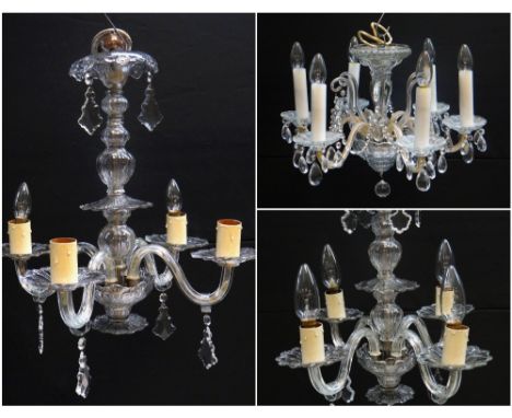PAIR OF MOULDED GLASS FOUR BRANCH CEILING LIGHTS hung with shaped bevelled drops, 60cms high x 52cms diameter, and ANOTHER sm