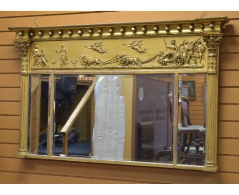EARLY 19TH CENTURY NEO CLASSICAL-STYLE TRIPLE PLATE OVER MANTEL MIRROR, beaded cavetto cornice above gesso moulded frieze of 