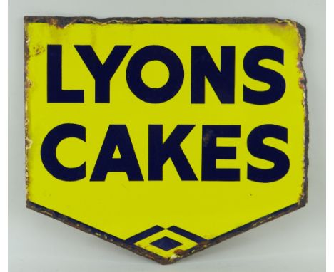 VINTAGE ENAMEL DOUBLE-SIDED SHOP SIGN - Lyons Cakes, c.1910-1920, yellow ground &amp; blue lettering, 39.5 x 44cms Provenance