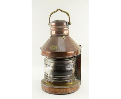 19TH CENTURY COPPER &amp; BRASS MASTHEAD MARINE LANTERN, by Eli Griffiths &amp; Son, 'The Beakon' model, with swing carry han