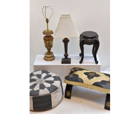 OCCASIONAL FURNISHINGS, including small Chinese vase stand, camel stool, leather pouffe, and two table lamps (5) Provenance: 