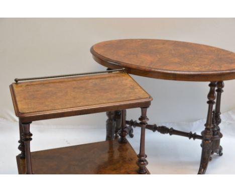 TWO VICTORIAN WALNUT TABLES, comprising a Burr-walnut two tier etagere with rail-back and baluster turned uprights and legs, 