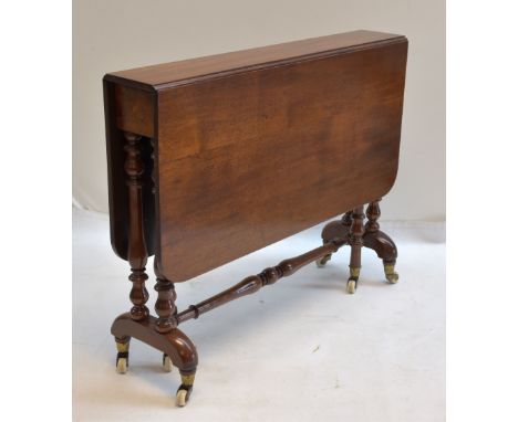 GOOD VICTORIAN MAHOGANY SUTHERLAND TABLE, a rounded drop-flap top above baluster turned uprights, inverted bow trestle ends o