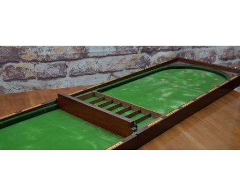 ANTIQUE MAHOGANY BAGATELLE TABLE fitted with green baize numbered pockets and gate, 228w x 53cms Comments: baize with some mo