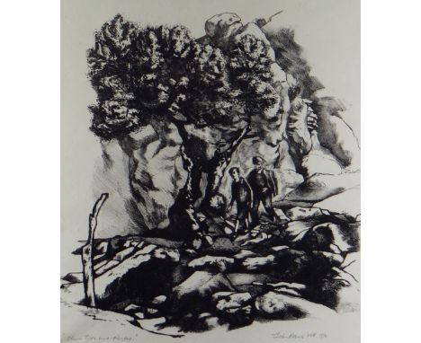 JOHN ROBERTS lithograph - two figures, titled in margin 'Olive Tree and Rocks', signed and dated 1954, 33 x 29cms  Provenance