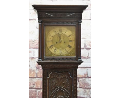 18TH CENTURY EIGHT DAY OAK LONGCASE CLOCK, by Henry Tristram, Tamworth, 11inch brass dial with silvered chapter ring, subsidi