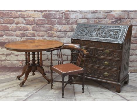 18TH CENTURY OAK BUREAU, later carved with acanthus leaves and portrait medallions to the top fall and drawer fronts, stepped