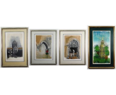 PRITAM DEUSKAR (Indian, 20th Century)  limited edition (1/4, 2/4 &amp; 3/4) woodcuts - Indian architectural views, signed, nu