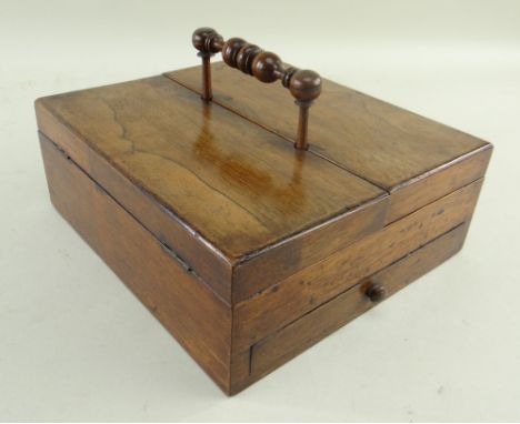 EARLY 19TH CENTURY ROSEWOOD DESK BOX, bobbin turned handle, top flaps opening to reveal inkwells, pen trays and compartments,