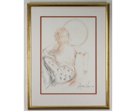 ANDREW VICARI red and grey pencil - three quarter portrait of female, semi-clad in floral drape, titled verso Vigonade Anne-M